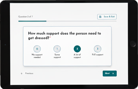 Screenshot of the needs assessment interface showing a question asking 'How much support does the person need to get dressed?' with four response options ranging from 'No support needed' to 'Full support', displayed on a tablet device.
